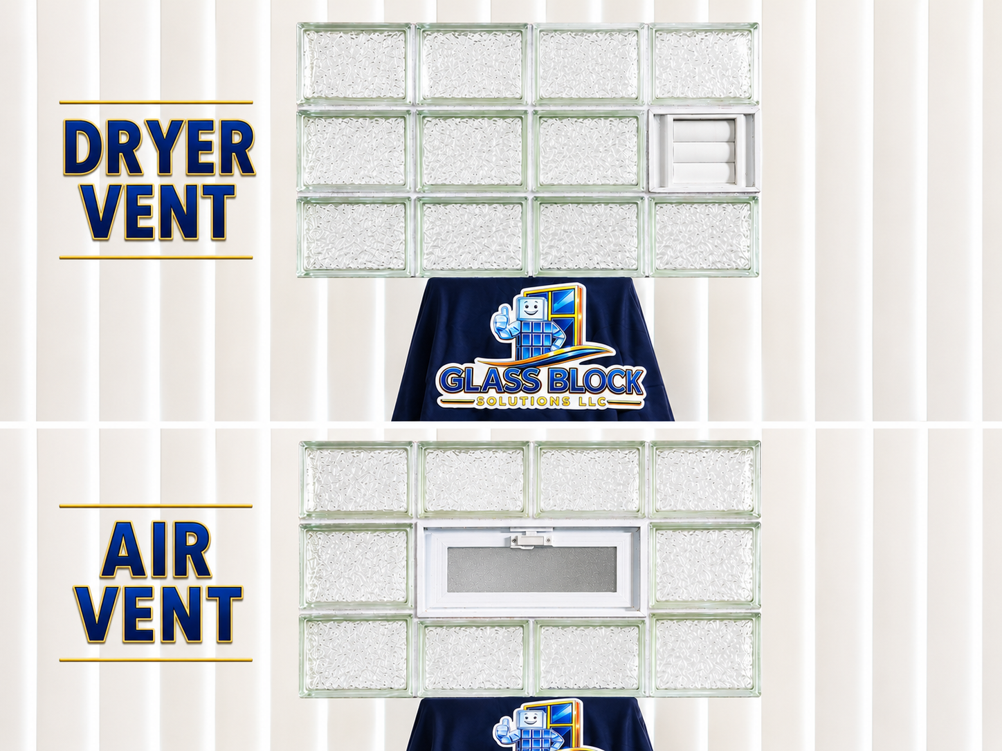 Glass block wall with dryer vent and air vent options